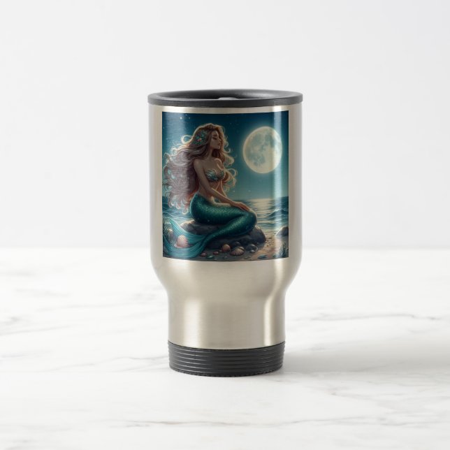 Meerjungfrau am Strand in der Nacht Reisebecher (Mittel)