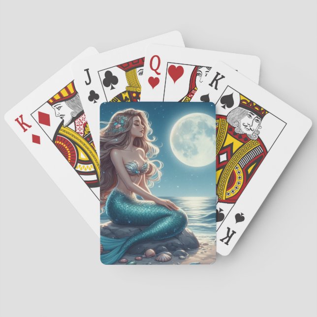Meerjungfrau am Strand in der Nacht Spielkarten (Rückseite)