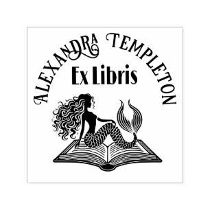 Meerjungfrau auf offenem Buch mit Ex Libris Namen Permastempel
