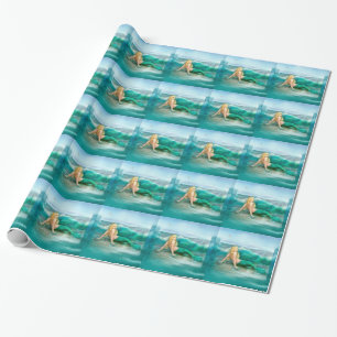 Meerjungfrau auf Ufer mit Aqua-Wellen und Seemöwe Geschenkpapier