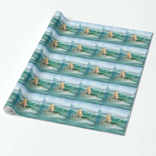 Meerjungfrau auf Ufer mit Aqua-Wellen und Seemöwen Geschenkpapier (Ungerollt)