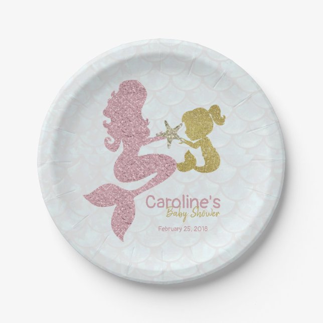Meerjungfrau-Babydusche Rosen-Goldpapier-Teller Pappteller (Vorderseite)