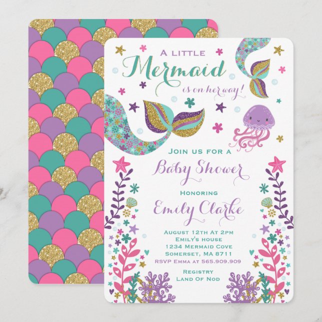 Meerjungfrau-Babyparty-Einladungs-Rosa-Golddusche Einladung (Vorne/Hinten)