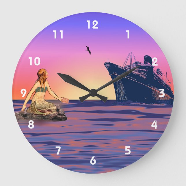Meerjungfrau bei Sonnenuntergang Große Wanduhr (Vorderseite)