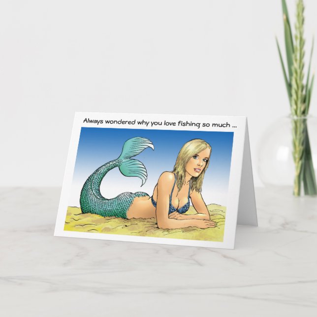 Meerjungfrau beim Funny Fishing Geburtstag Karte (Vorderseite)