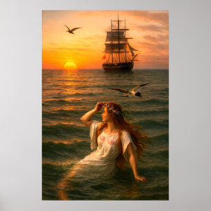 Meerjungfrau betrachtet Segelschiff bei Sonnenunte Poster