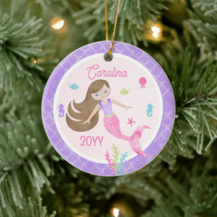 Meerjungfrau Braune Haare Rosa & Lila Foto Andenke Keramik Ornament