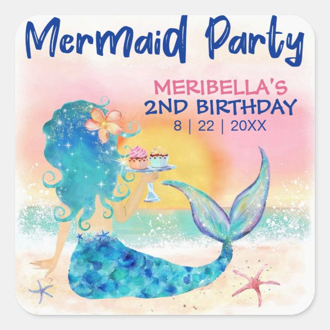 Meerjungfrau Cupcakes Tropical Beach Girl's Birthd Quadratischer Aufkleber (Vorderseite)