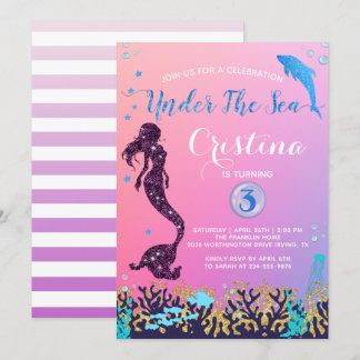 Meerjungfrau & Dolphin unter dem Meer Geburtstagsp Einladung