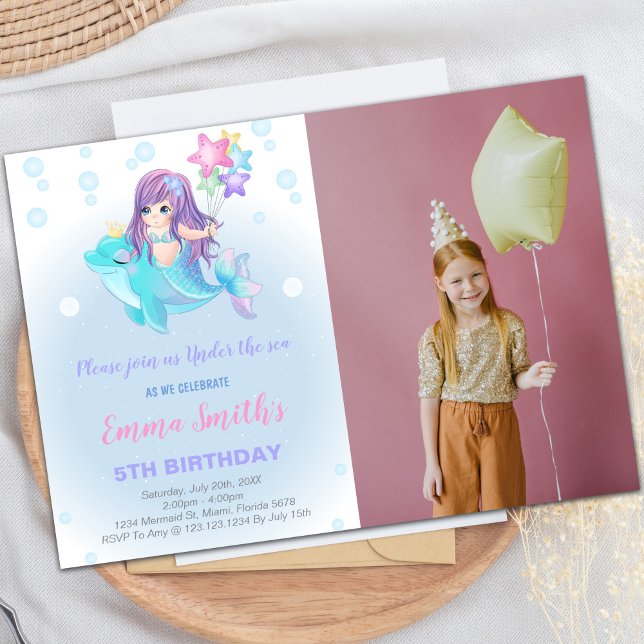 Meerjungfrau Einladung mit Dolphin & Foto (Mermaid Birthday Invitations with dolphin w photo)