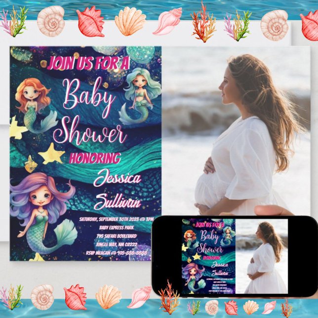 Meerjungfrau Galaxy Foto Babydusche Einladung (Mermaid Ocean Galaxy Baby Shower Invitation)