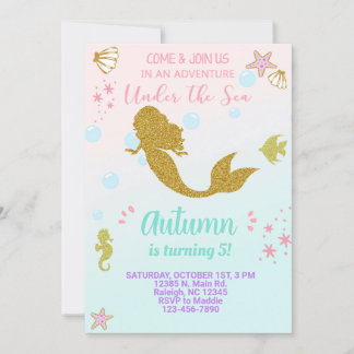 Meerjungfrau Geburtstagseinladung, Gold. Einladung