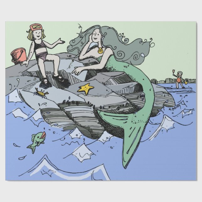 Meerjungfrau Küstenart niedlich Cartoon Beach Kind Geschenkpapier (Flach)