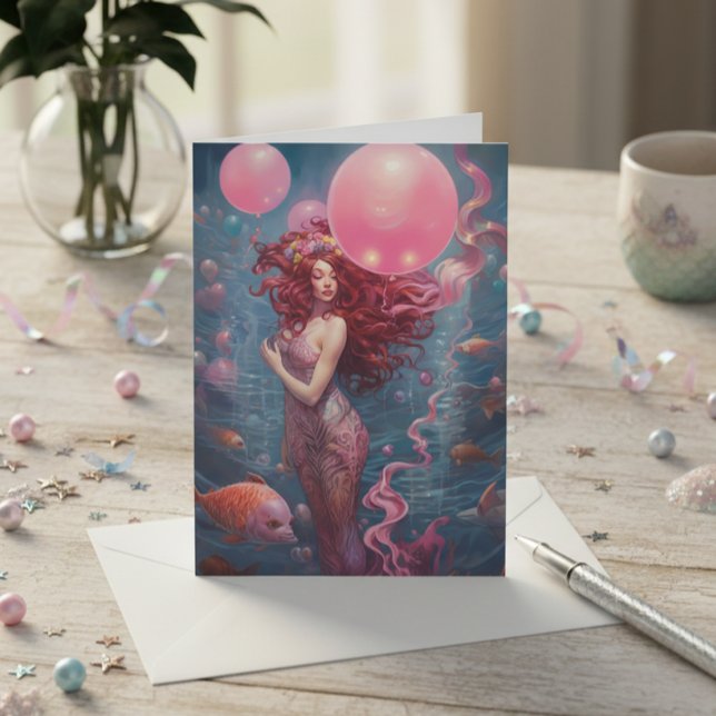 Meerjungfrau Malerei Geburtstag Balloons Rosa Karte (Von Creator hochgeladen)