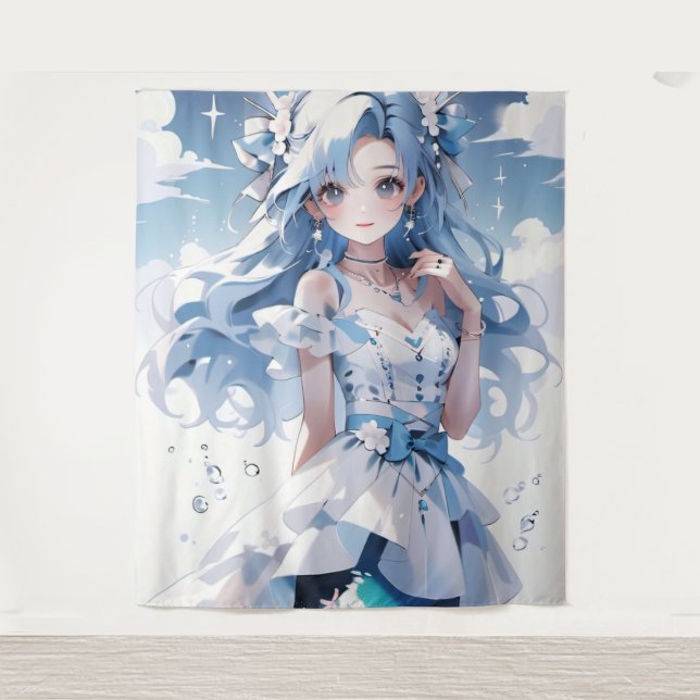 Meerjungfrau mit blauem Haar in einem blauen Kleid Wandteppich (Vorderseite)