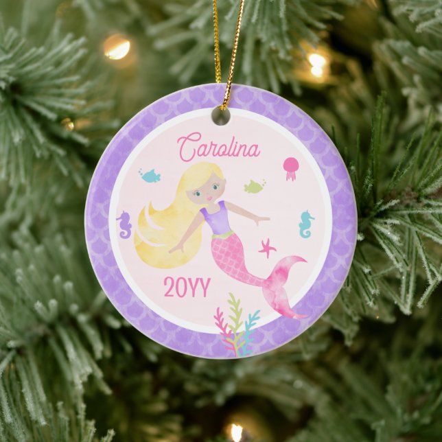 Meerjungfrau mit Blonde-Haarpink und Lila Keepake Keramik Ornament (Baum)