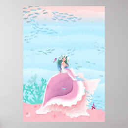 Meerjungfrau mit Blume-Kronenillustrierung Poster