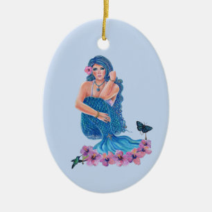 Meerjungfrau mit Blume und Hummingvogelkunst von R Keramik Ornament