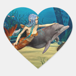 Meerjungfrau mit Dolphin Herz-Aufkleber