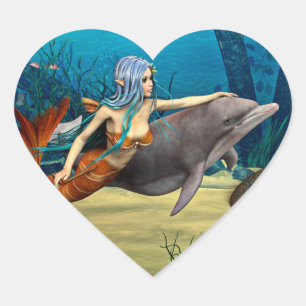 Meerjungfrau mit Dolphin Herz-Aufkleber