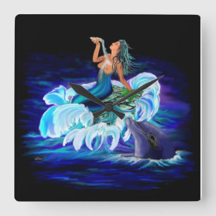 Meerjungfrau mit Dolphin Quadratische Wanduhr