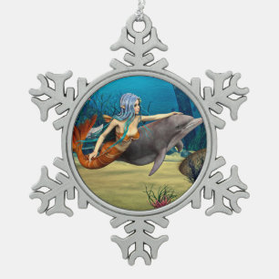 Meerjungfrau mit Dolphin Schneeflocken Zinn-Ornament