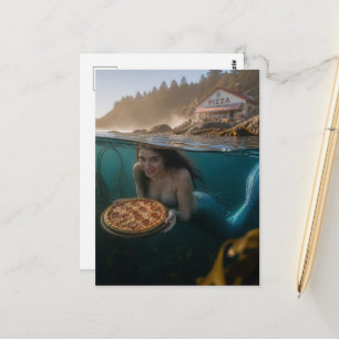 Meerjungfrau mit einer Pizza Postkarte