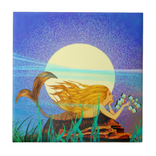 Meerjungfrau mit Fisch und Mond Fliese