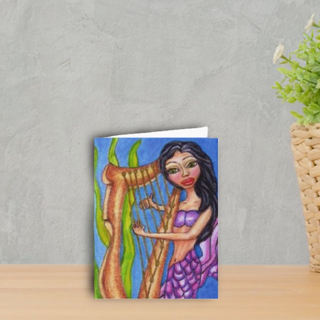 Meerjungfrau mit Harfennotecard Karte (Mermaid purple tail playing harp in seaweed on ocean blue notecards.)