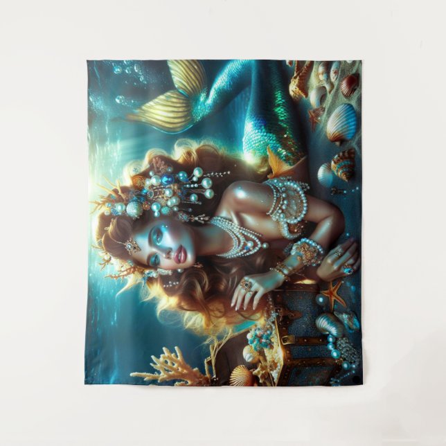 Meerjungfrau mit Meeresschätze Schmuck Wandteppich (Vorderseite)