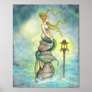 Meerjungfrau mit Mond und Laterne Fantasy-Kunst Poster