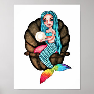 Meerjungfrau mit Perle in Wasserfarbe Poster