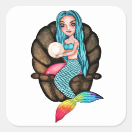 Meerjungfrau mit Perle in Wasserfarbe Quadratischer Aufkleber