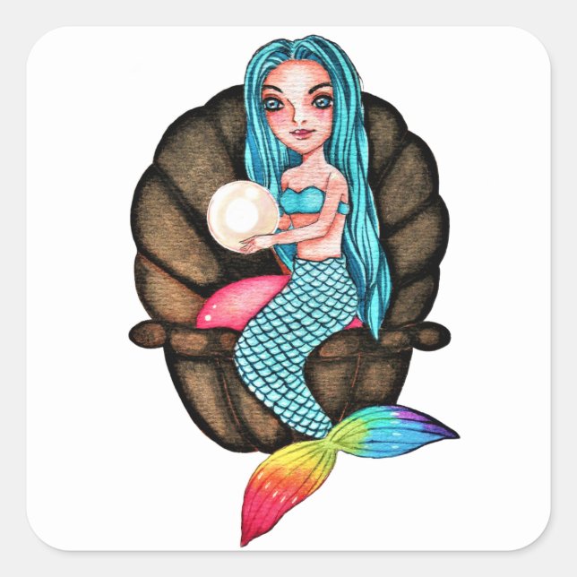 Meerjungfrau mit Perle in Wasserfarbe Quadratischer Aufkleber (Vorderseite)