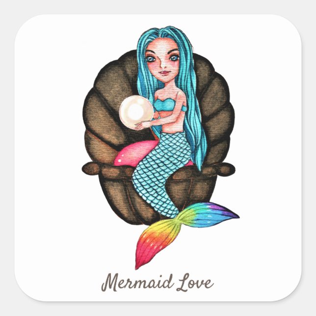 Meerjungfrau mit Perle in Wasserfarbe Quadratischer Aufkleber (Vorderseite)