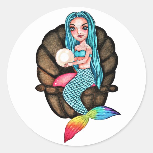 Meerjungfrau mit Perle in Wasserfarbe Runder Aufkleber (Vorderseite)