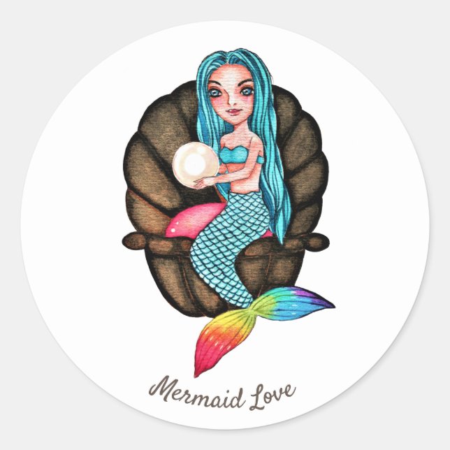 Meerjungfrau mit Perle in Wasserfarbe Runder Aufkleber (Vorderseite)