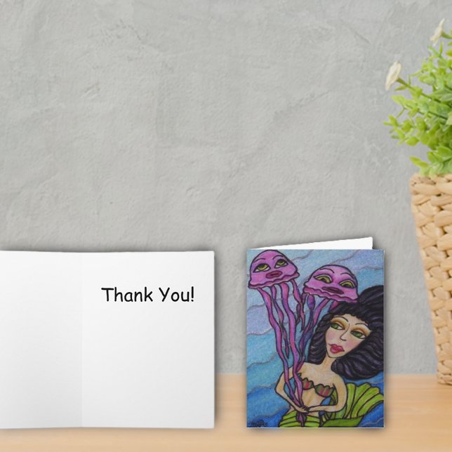 Meerjungfrau mit Qualle Danke Karte (Dark haired mermaid with purple jellyfish on blue thank you cards.)