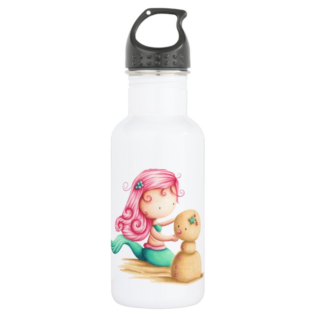 Meerjungfrau mit rosa Haar spielen mit dem Sand Edelstahlflasche (Vorderseite)