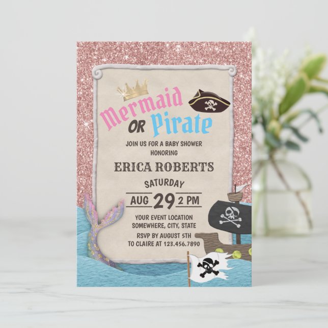 Meerjungfrau oder Pirate Rose Gold Glitzer Kinderd Einladung (Stehend Vorderseite)