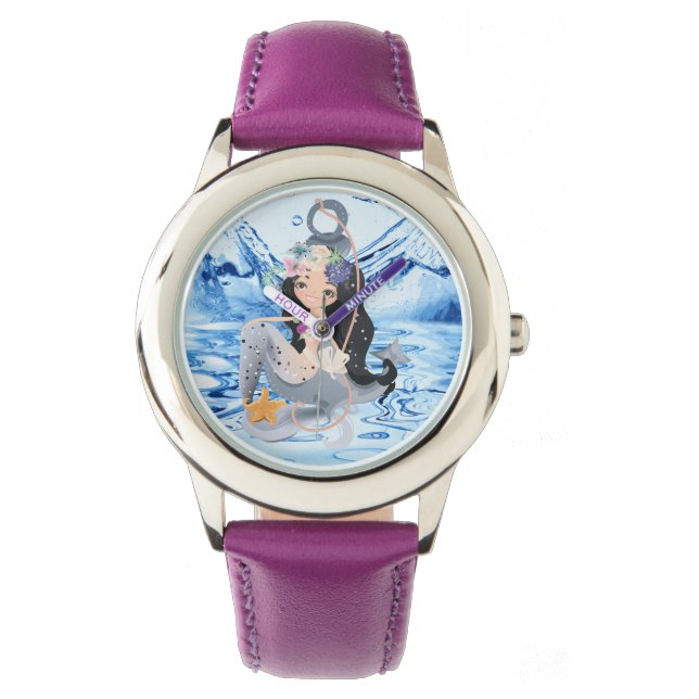 Meerjungfrau - rosa rosa Stahlleder-Federwache Armbanduhr (Vorderseite)