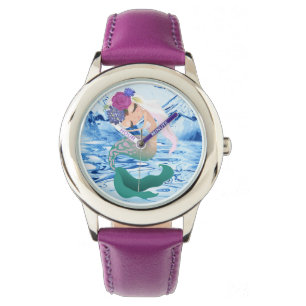 Meerjungfrau - rosa rosa Stahlleder-Federwache Armbanduhr