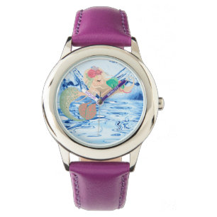Meerjungfrau - rosa rosa Stahlleder-Federwache Armbanduhr
