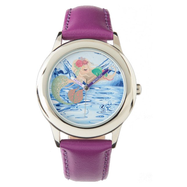 Meerjungfrau - rosa rosa Stahlleder-Federwache Armbanduhr (Vorderseite)