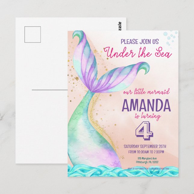 Meerjungfrau Schwanz Wasserfarbe Geburtstag unter  Postkarte (Vorne/Hinten)