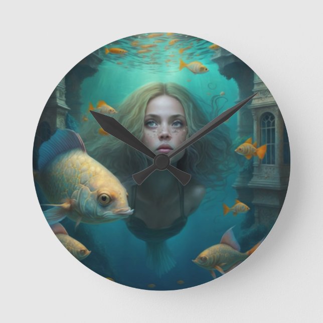Meerjungfrau schwimmen mit Fisch niedliche Wanduhr (Vorderseite)