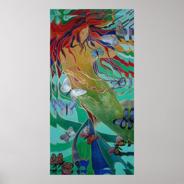 Meerjungfrau Schwimmen mit Schmetterlingen Fantasy Poster (Vorne)