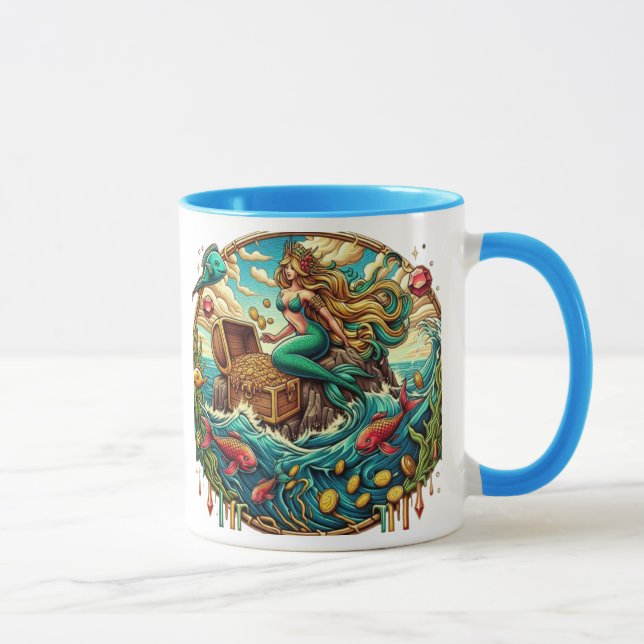 Meerjungfrau sitzend auf einem Felsen mit einem of Tasse (Rechts)