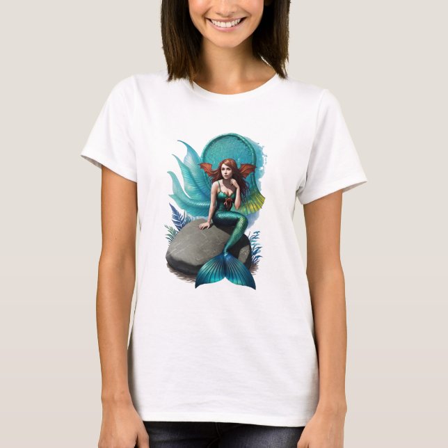 Meerjungfrau sitzt auf einem Felsen | Art der AI T-Shirt (Vorderseite)
