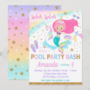 Meerjungfrau u. Unicorn-Pool-Party Einladung